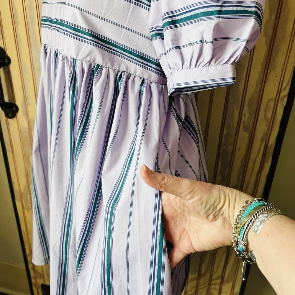 NWT English Factory Regency Striped Puff Sleeve Babydoll Mini Dress Size M - Picture 4 of 9